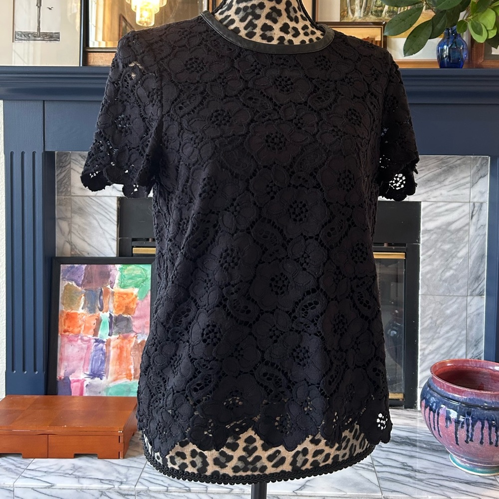Leather-trimmed cotton and nylon lace top